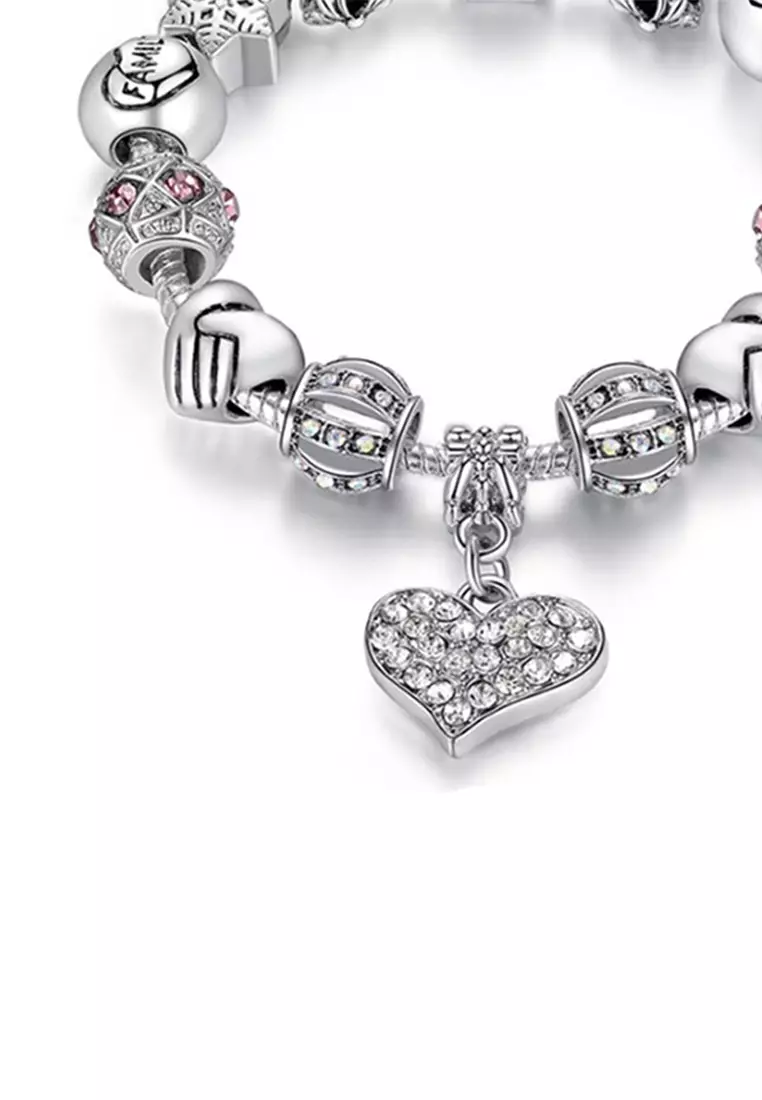 YOUNIQ Silver Charm Bracelet with Big Heart Pendant Pink Crystal Beads 18cm