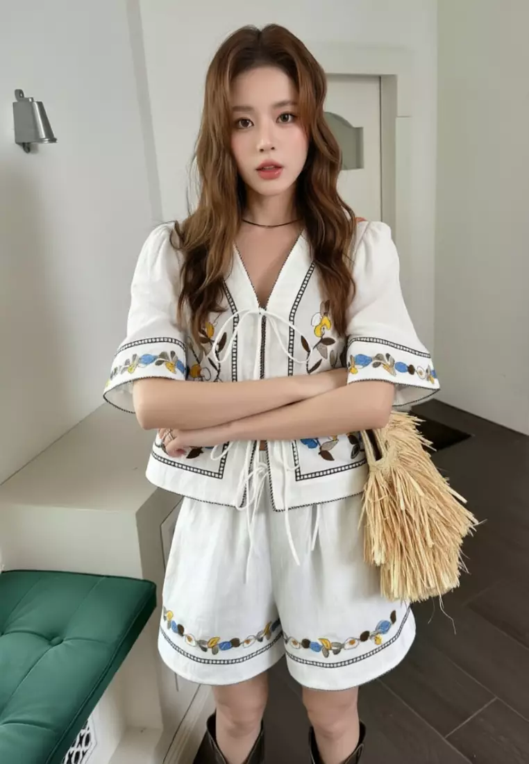 Korean style embroidered linen shirt and casual shorts set CA26033044W