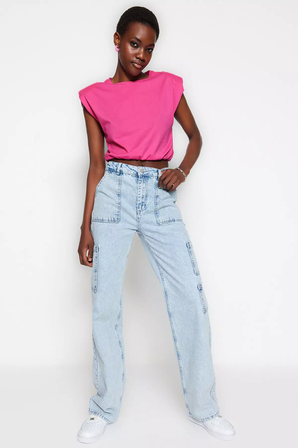 Fuchsia Padded Crop Crew Neck Knitted T-Shirt