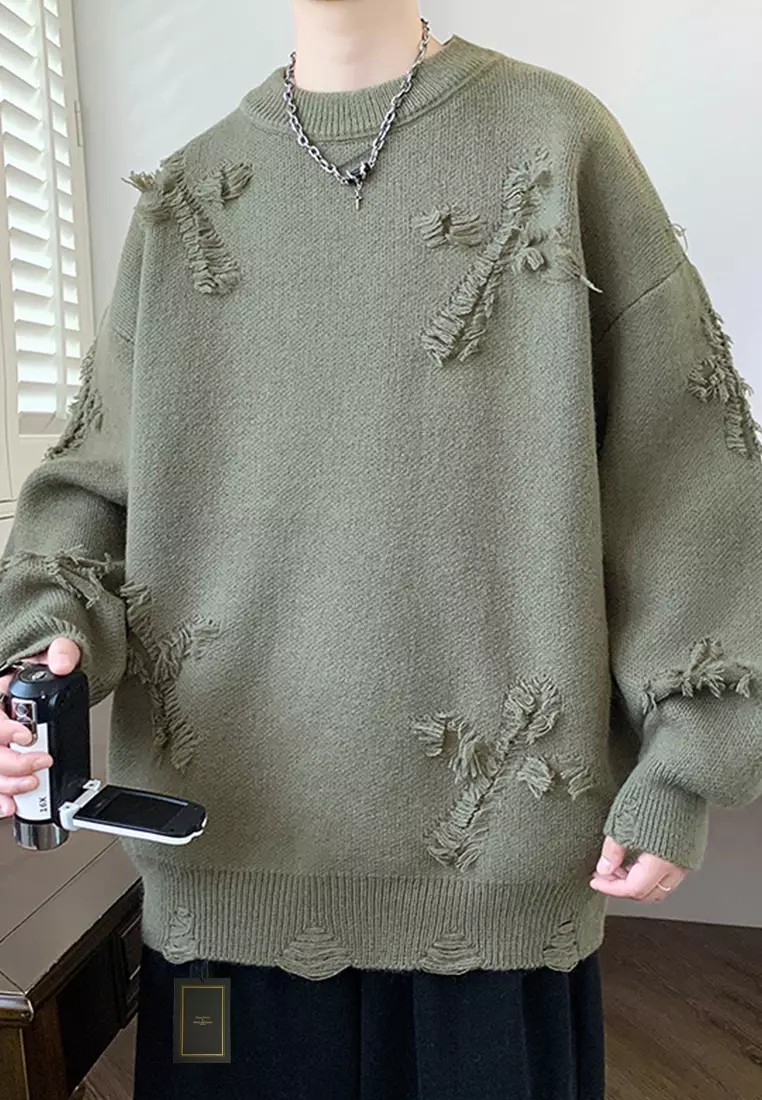 Ripped Jacquard Knit Sweater AY-H24658