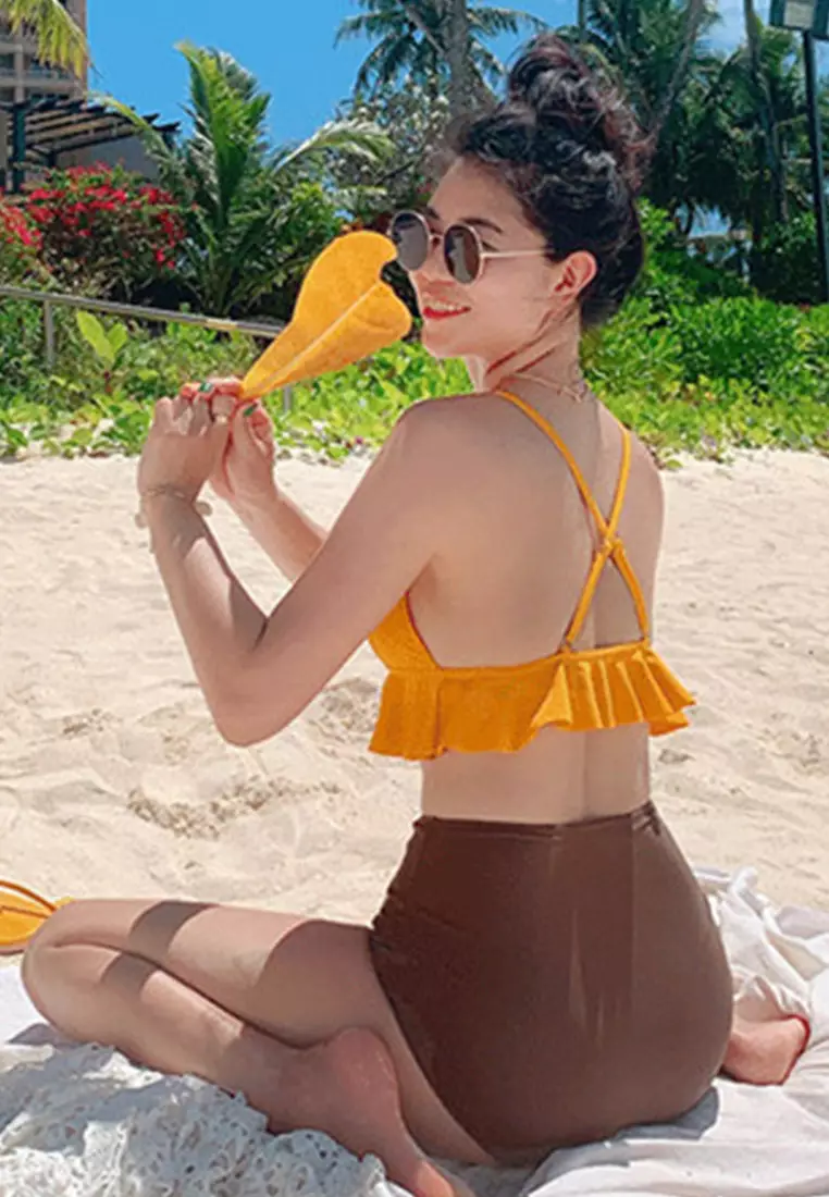 Sweet Ruffled Contrast Color Bikini Split Swimsuit A22031725YE