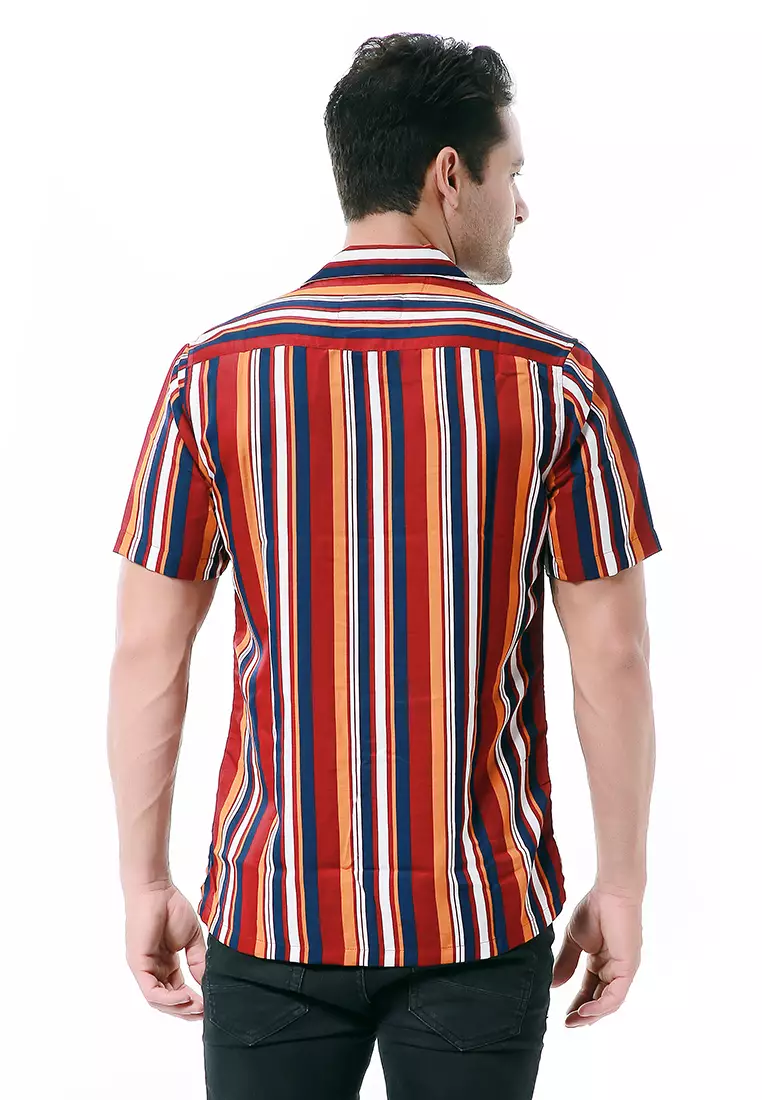 Leopold Atasan Pria Kemeja Motif Salur Lengan Pendek Material Cotton ORIGINAL - Maroon Yellow