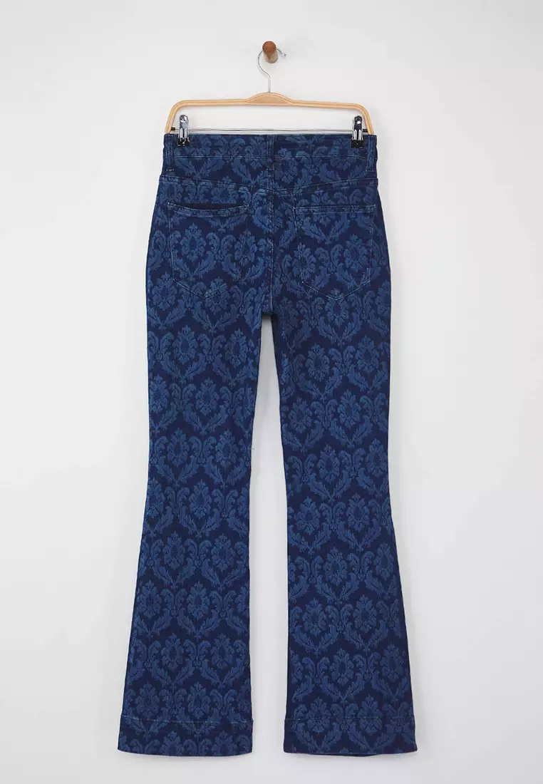 Dark Blue Laser Printed High Waist Flared Jeans Twoaw26Je00033
