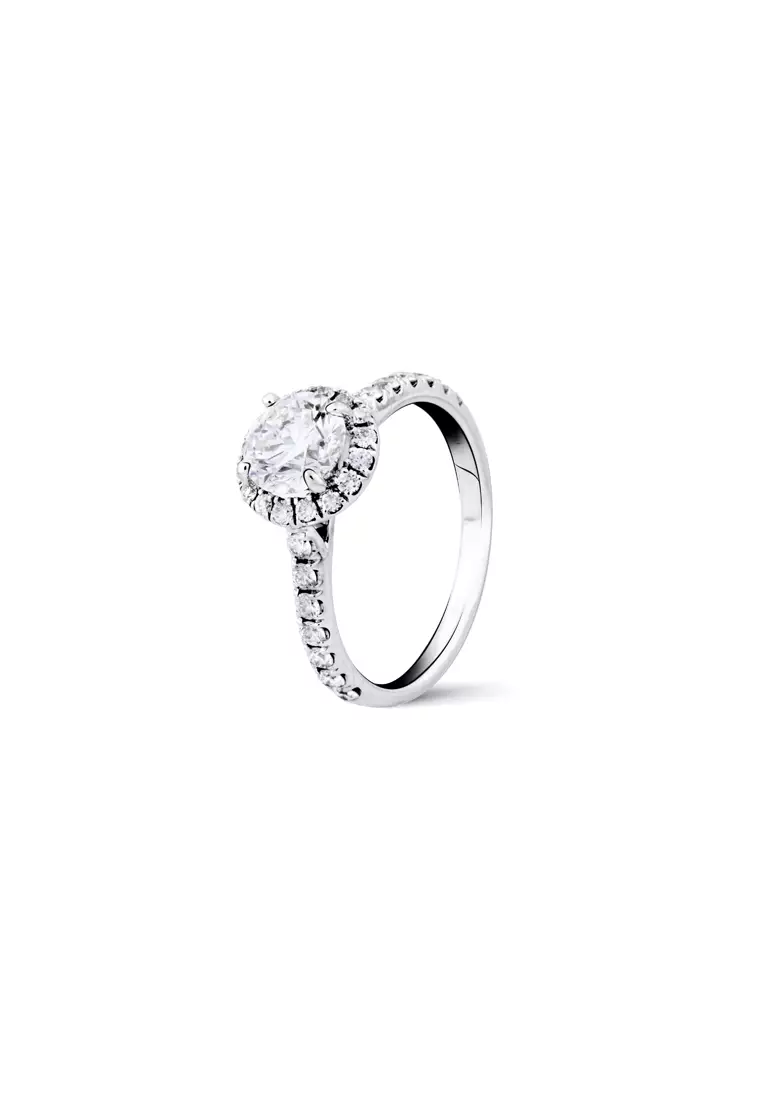 1.08ct Classic Round Certified Lab Grown Diamond Halo Engagement Ring with Pavé Band in 18K White Gold