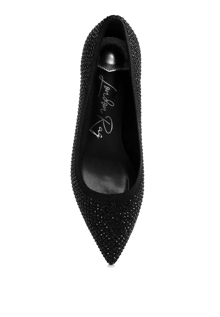 Sepatu Pumps Flyknit Rhinestone Bernapas dalam Warna Hitam