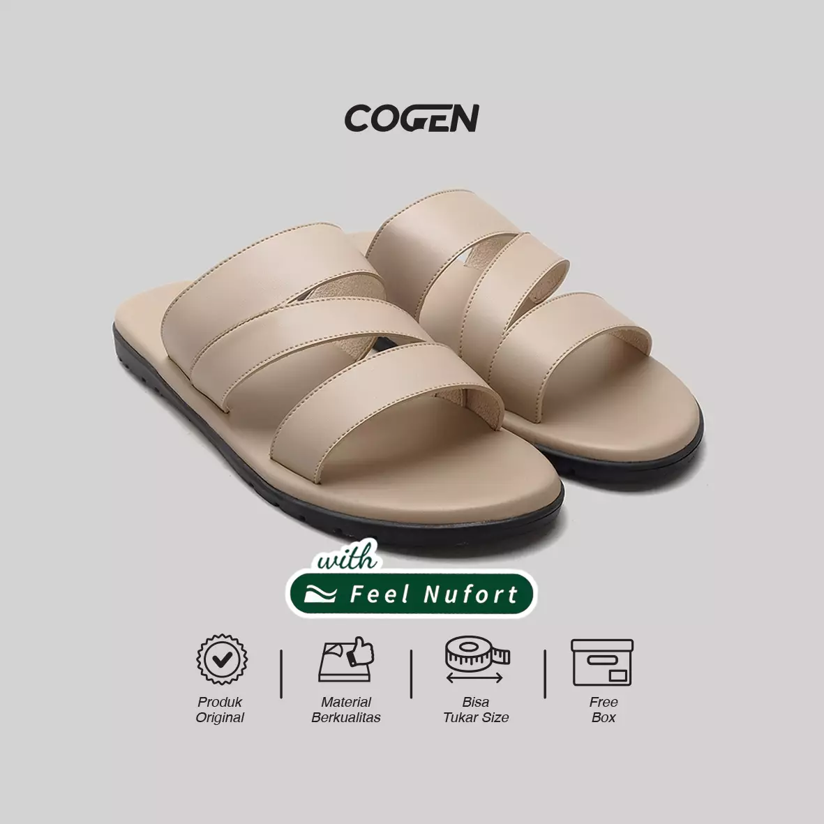 Cogen Sendal Cowok Sandal Slop Pria Kulit Nyaman - Feel Nufort - Cello Creme
