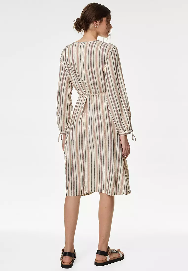 Linen Blend Striped Midi Shift Dress