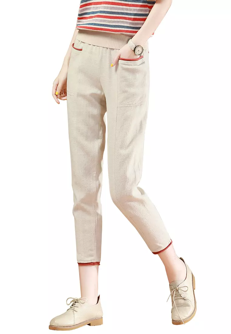Elastic Waist Colorblock Casual Pants