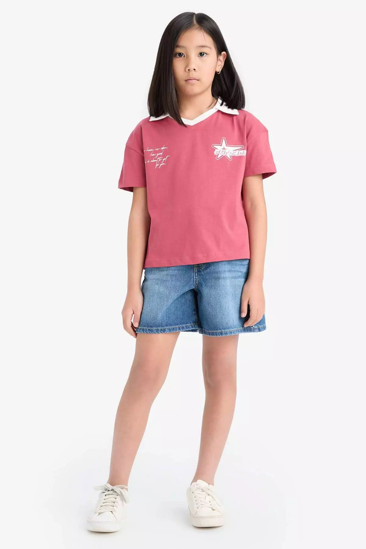 Girl's Boxy Fit Polo Neck Printed Short Sleeve T-Shirt E1034A825Sm
