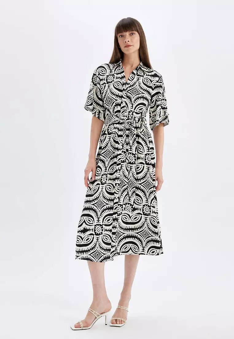 Shirt Collar Patterned Linen Blend Half Sleeve Midi Dress
