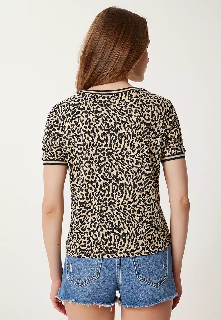 Women's Black Beige Patterned Stretch Knitted Blouse Tp00078