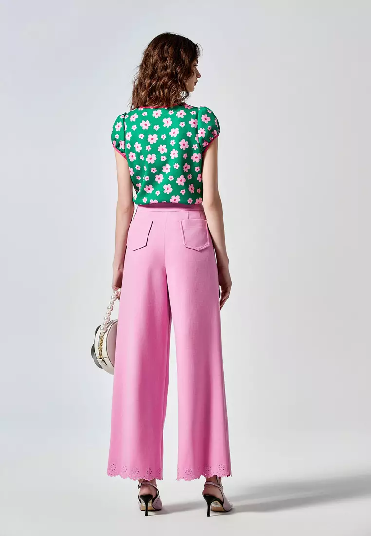 Pink Wide Leg Pants With Floral Embroidery Detail