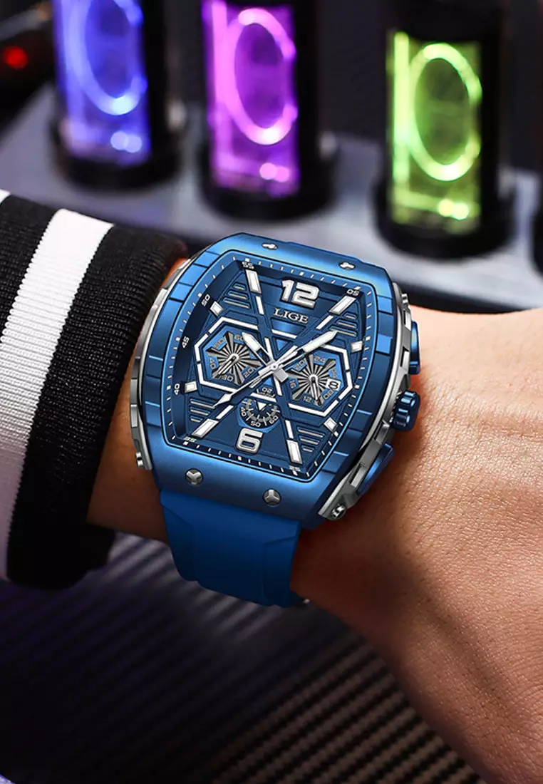 Unisex Tonneau Shaped IP Blue Quartz Watch on Rubber Strap