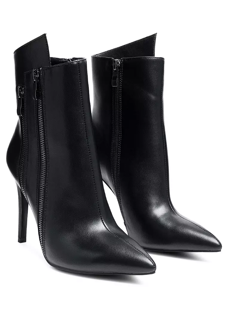 High Low Faux Leather Stiletto Boot in Black