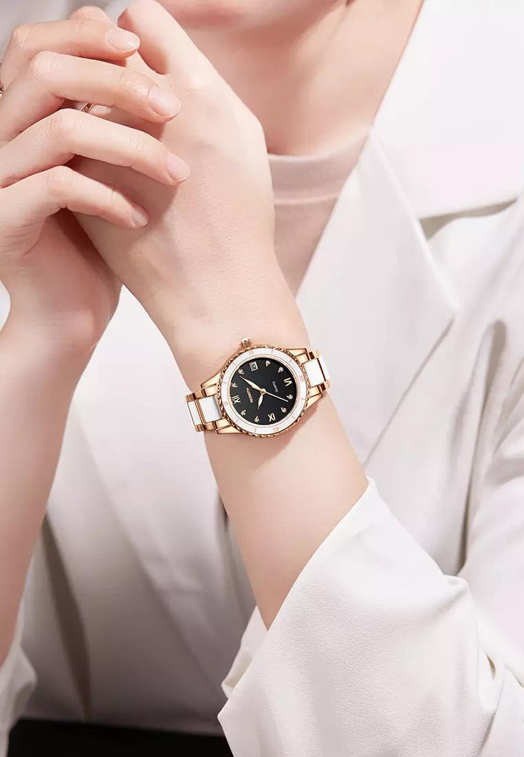 Jam Tangan Wanita Korea Berlian Original Anti Air Tali Keramik Jam Tangan Cewek New Wanita roseblack