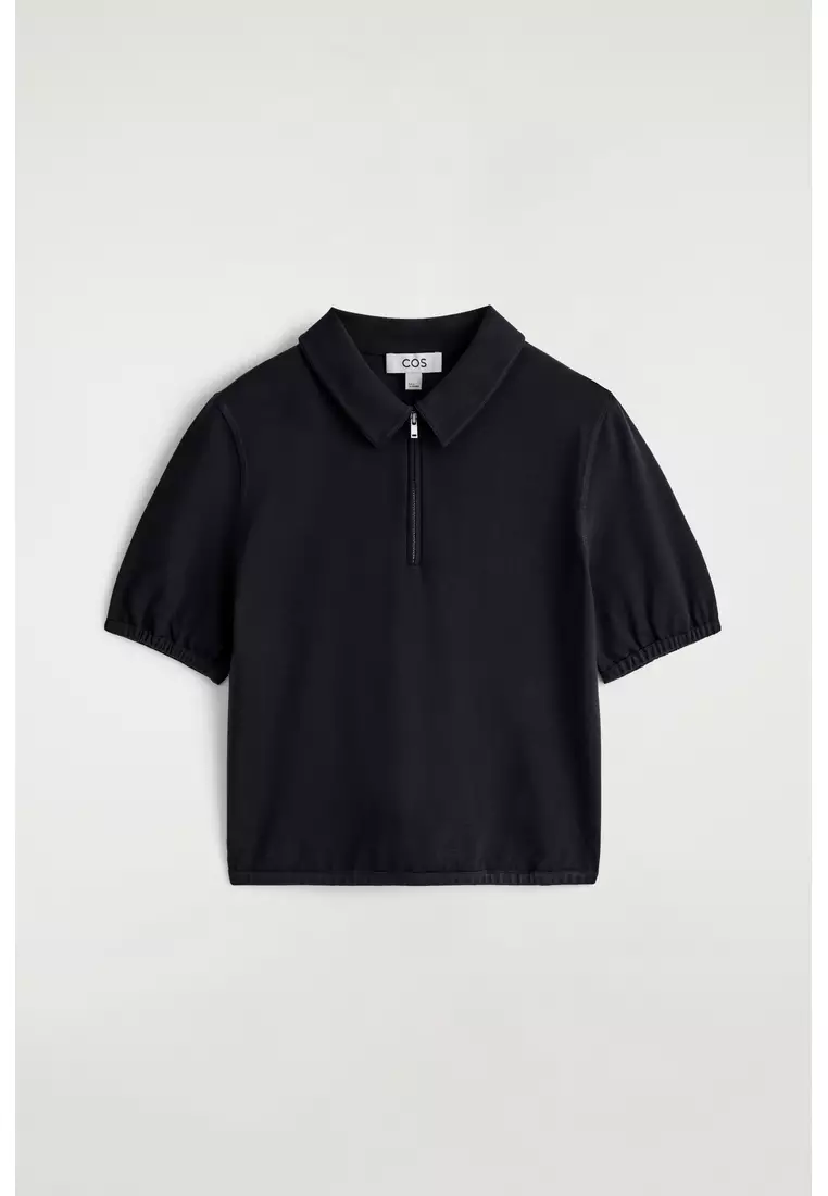 GATHERED JERSEY ZIPPED POLO TOP