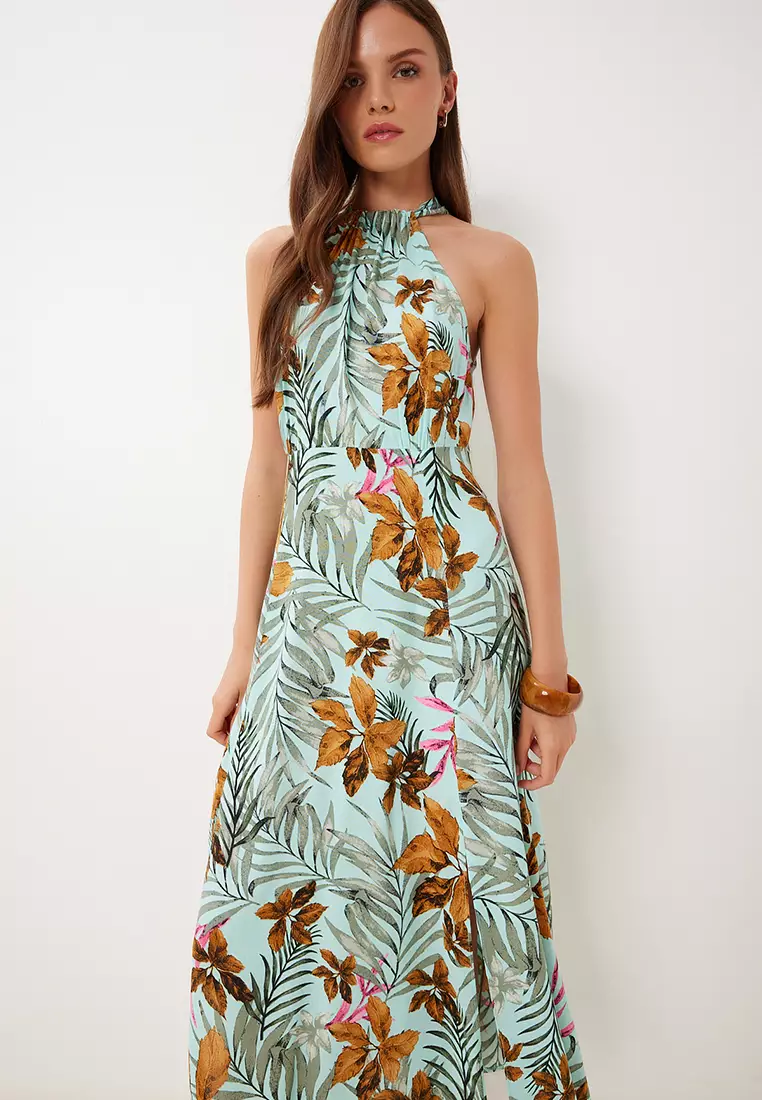 Women's Water Green Tan Halter Neck Patterned Midi Viscose Dress Fg00047