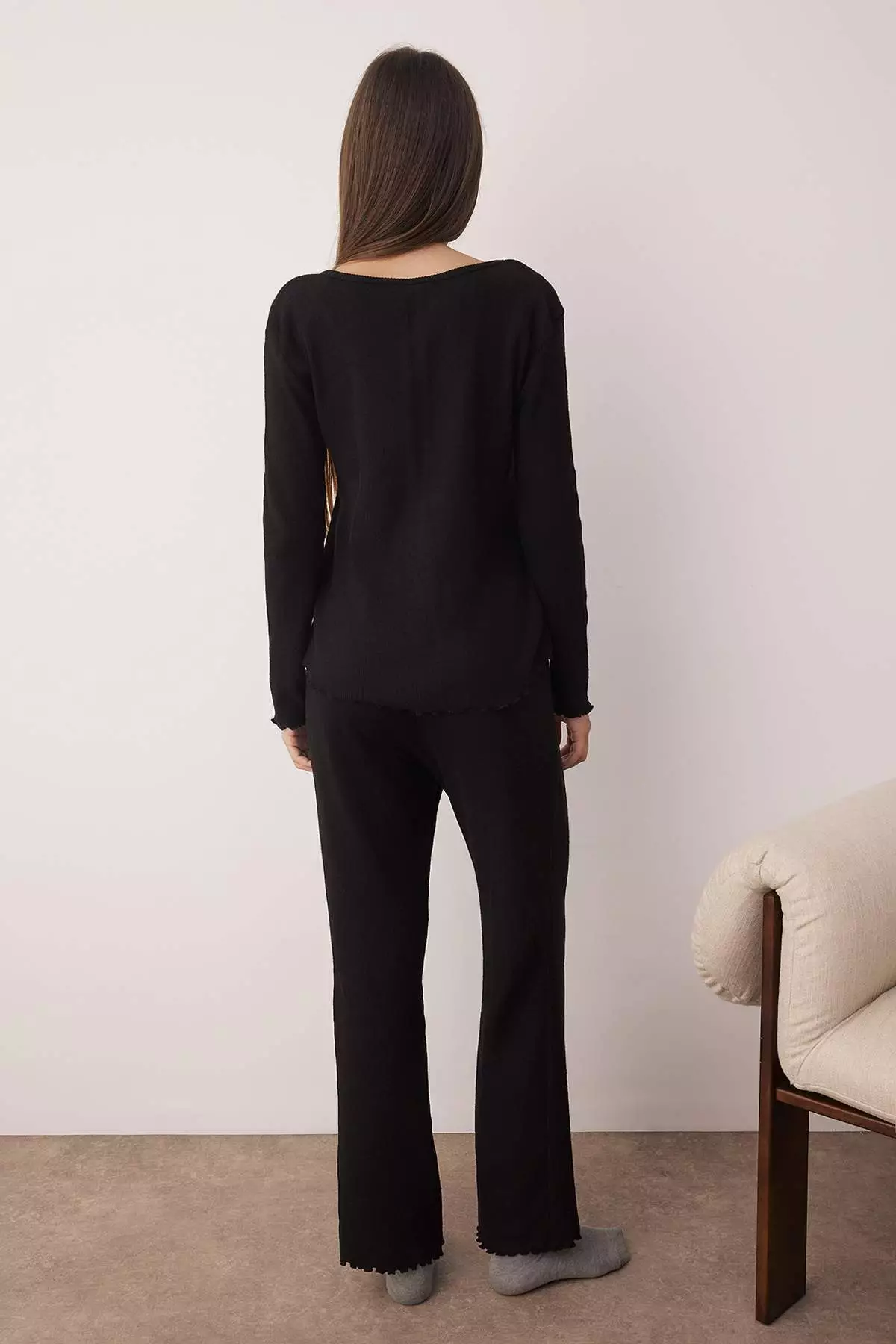 Black V-Neck Baby Overlock Soft Touch Brushed Winter Ribbed Knitted Pajama Set