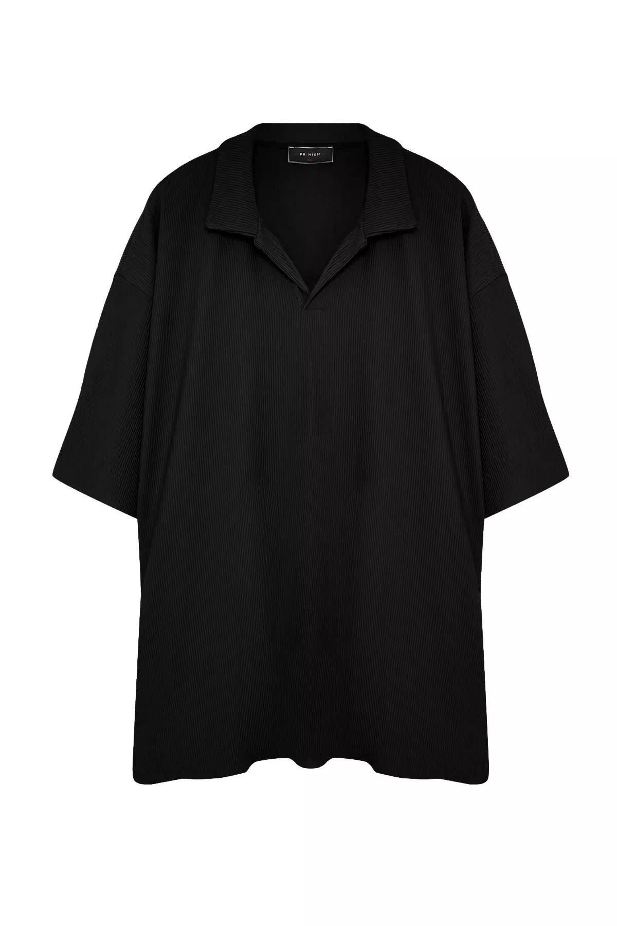 Big Size Black Oversized Textured Ottoman Polo Collar T-Shirt Tmnss24Bf00047