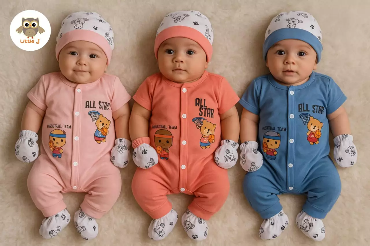 LITTLE J - ALL STAR BEAR 0-9BULAN ROMPER BABY 4 IN 1 SLEEPSUITE JUMPER BODYSUITE GIFT SET - SET BABY PEREMPUAN DAN BABY LAKI LAKI