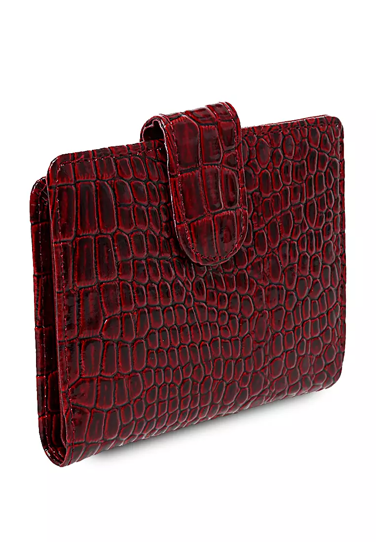 Dompet Kartu Motif Croco Detail Snap Kancing Card Wallet Wanita - Maroon