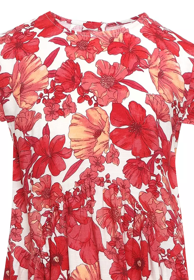 Pito Dito Girl Chiruru Dress Midi Anak Merah Motif Bunga
