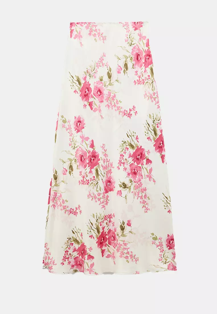 Viscose Fabric Midi Length Floral Satin Flared Skirt