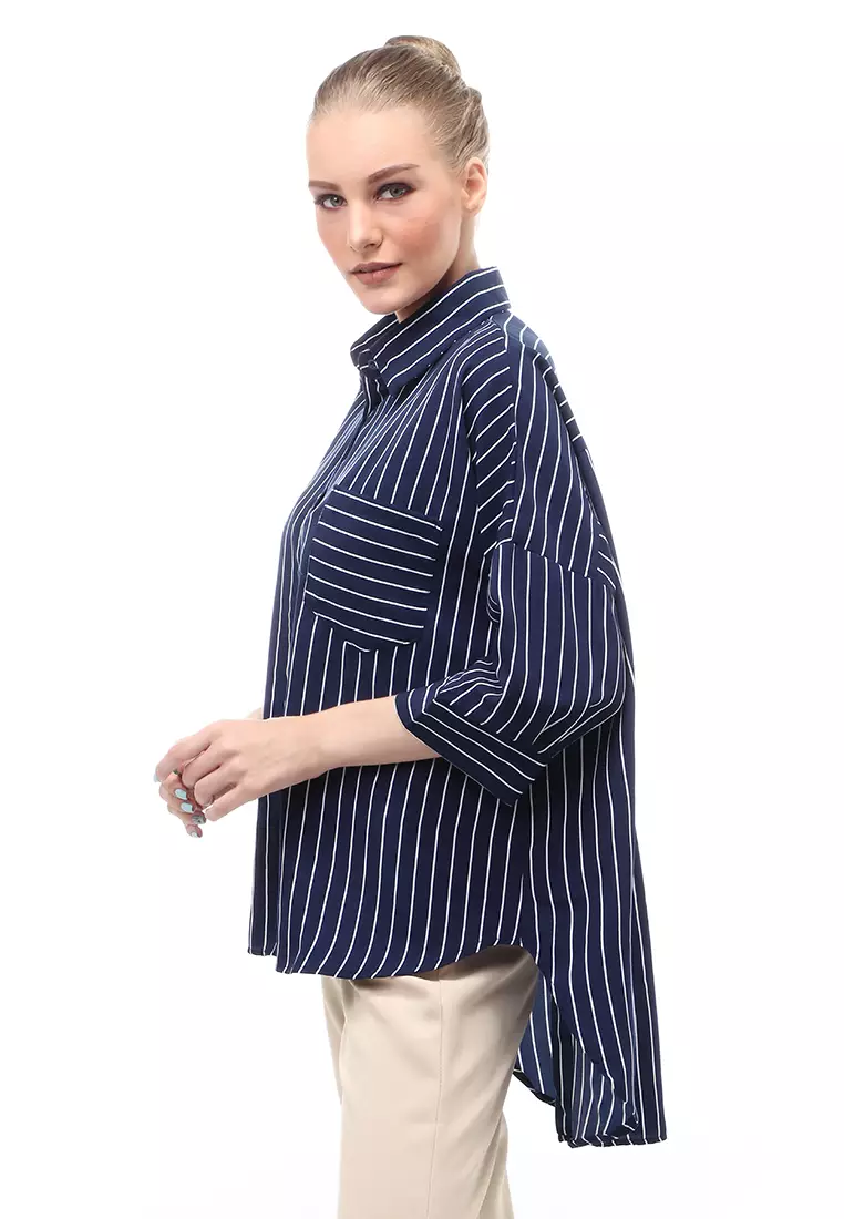 Shirt Salur Lengan Panjang Atasan Wanita Casual Front Button Opening - Navy