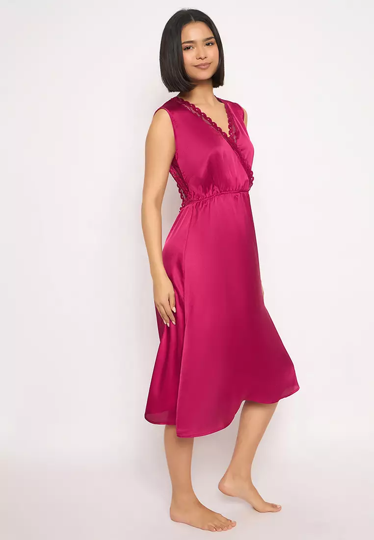 Clovia Backless Night Dress in Magenta - Satin