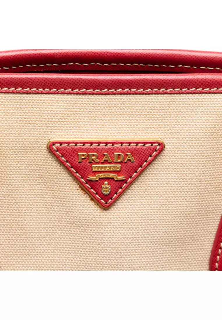 Pre-Loved Prada Saffiano Trimmed Canvas Canapa Satchel