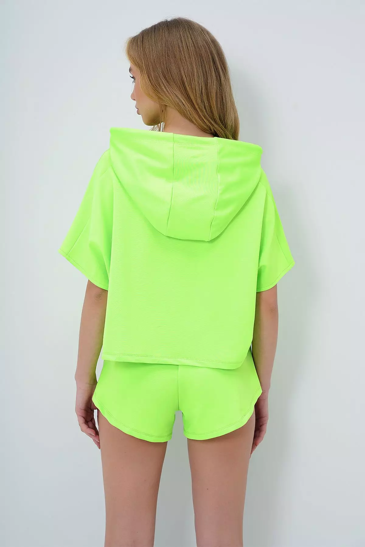 Women's Neon Green Hooded Crop Sweatshirt and Shorts Set