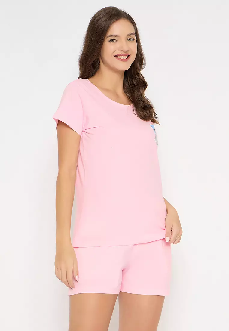 Clovia Panda Print Top & Chic Basic Shorts Set in Baby Pink - 100% Cotton