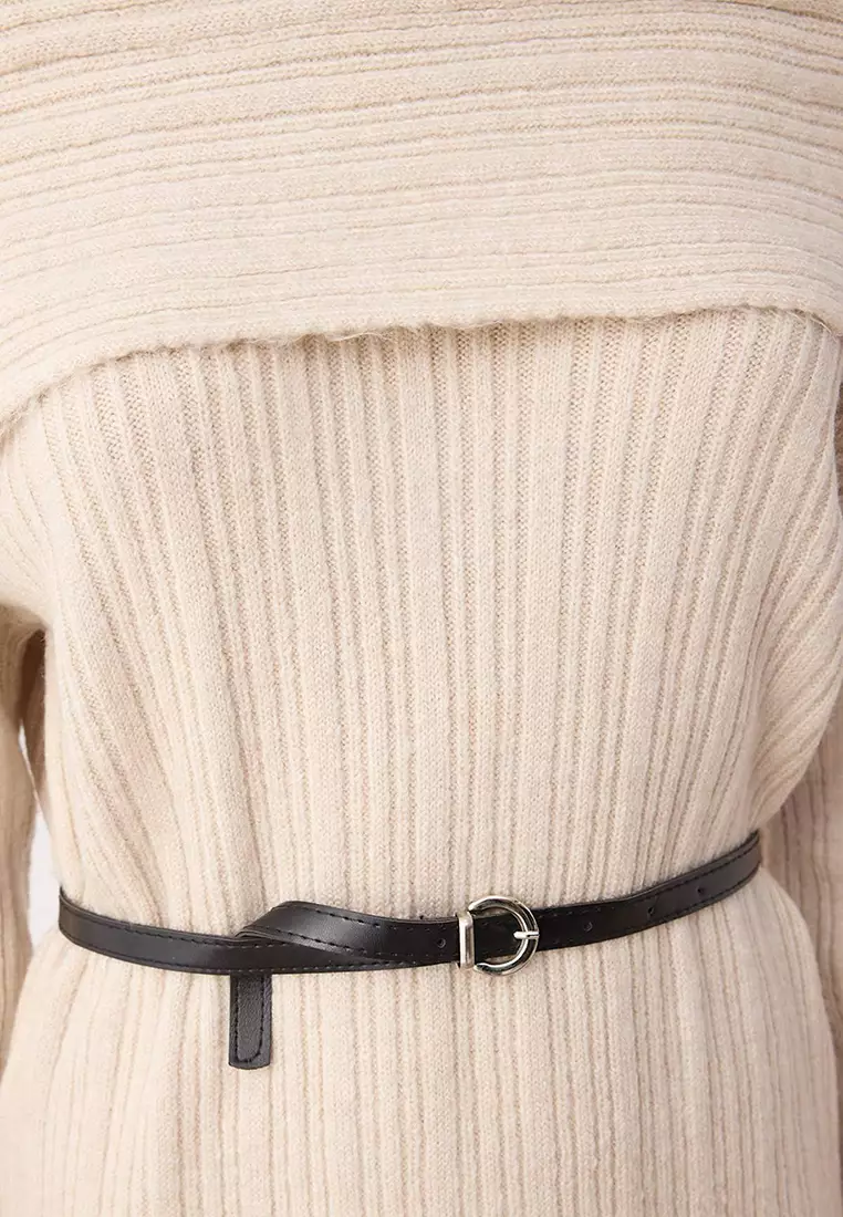 Stone Plain Mini Soft Texture Carmen Collar Knit Dress