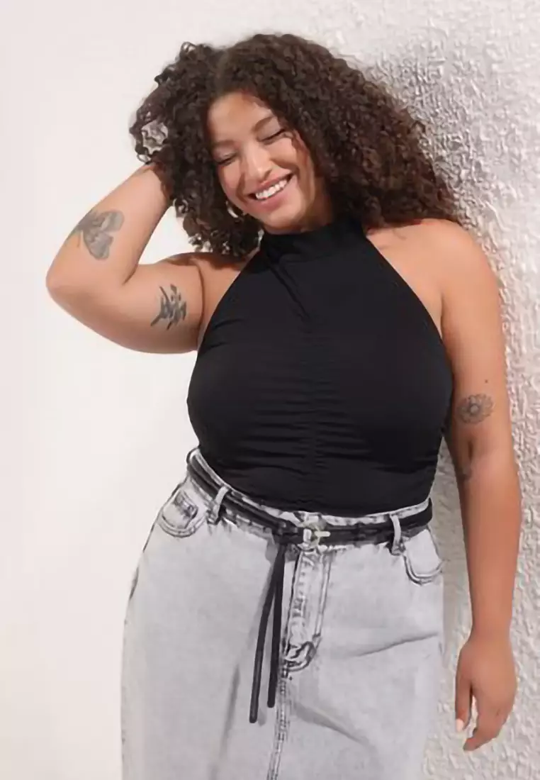 Black Halter Neck Shirred Sandy Knitted Plus Size Blouse Tbbss25Af00111