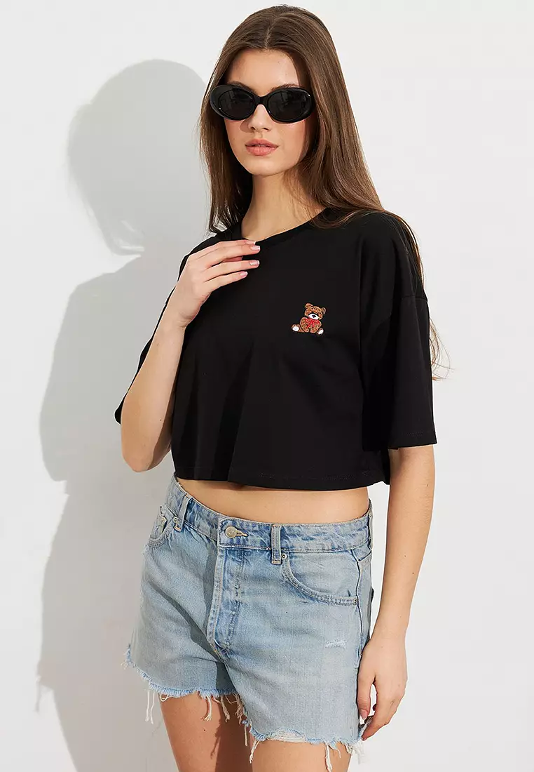 Teddy Bear Embroidered Crop T-Shirt
