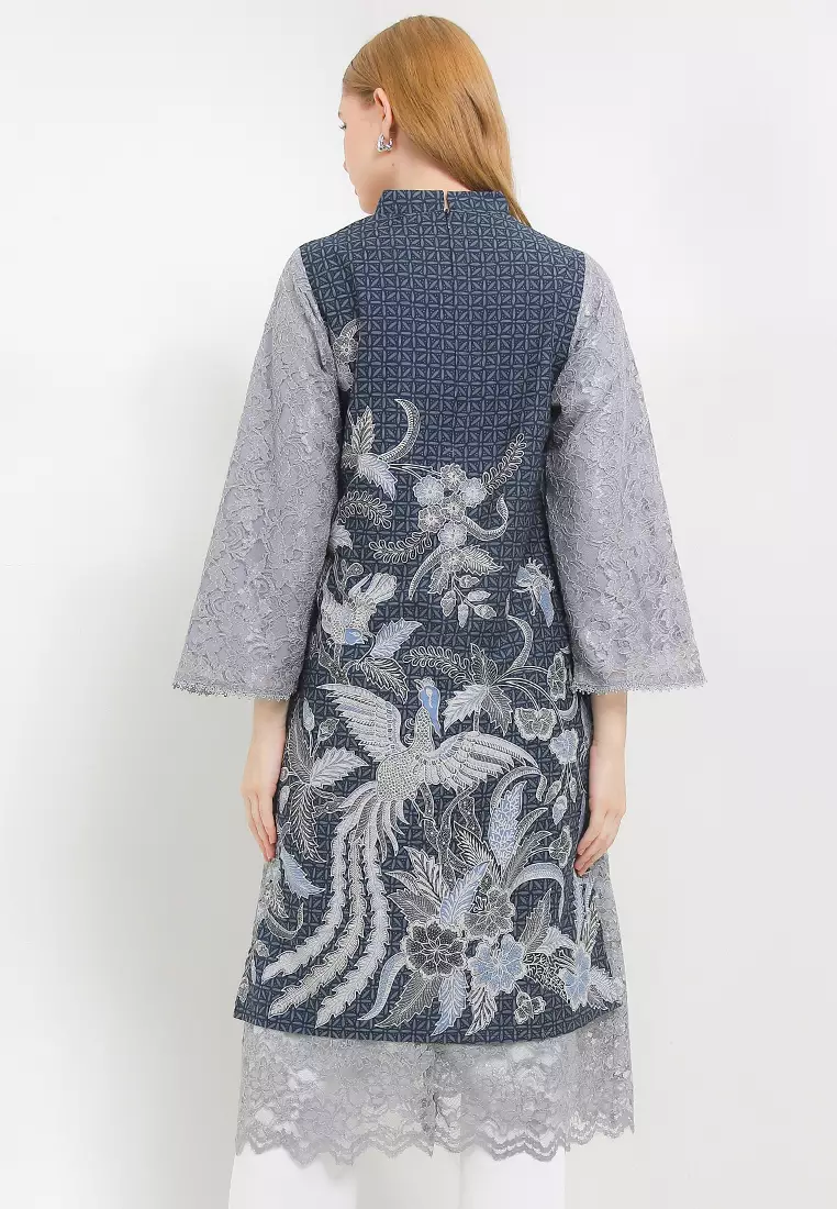 Tunik Muslim Atasan Wanita Jenna Lengan Panjang Blue Grey Brocade