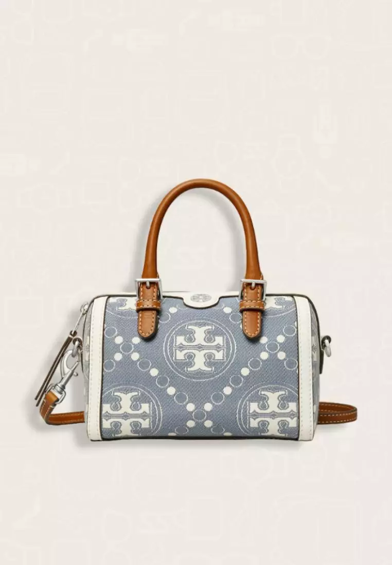 Tory Burch T Monogram Denim Petite Barrel Bag Pearl Blue