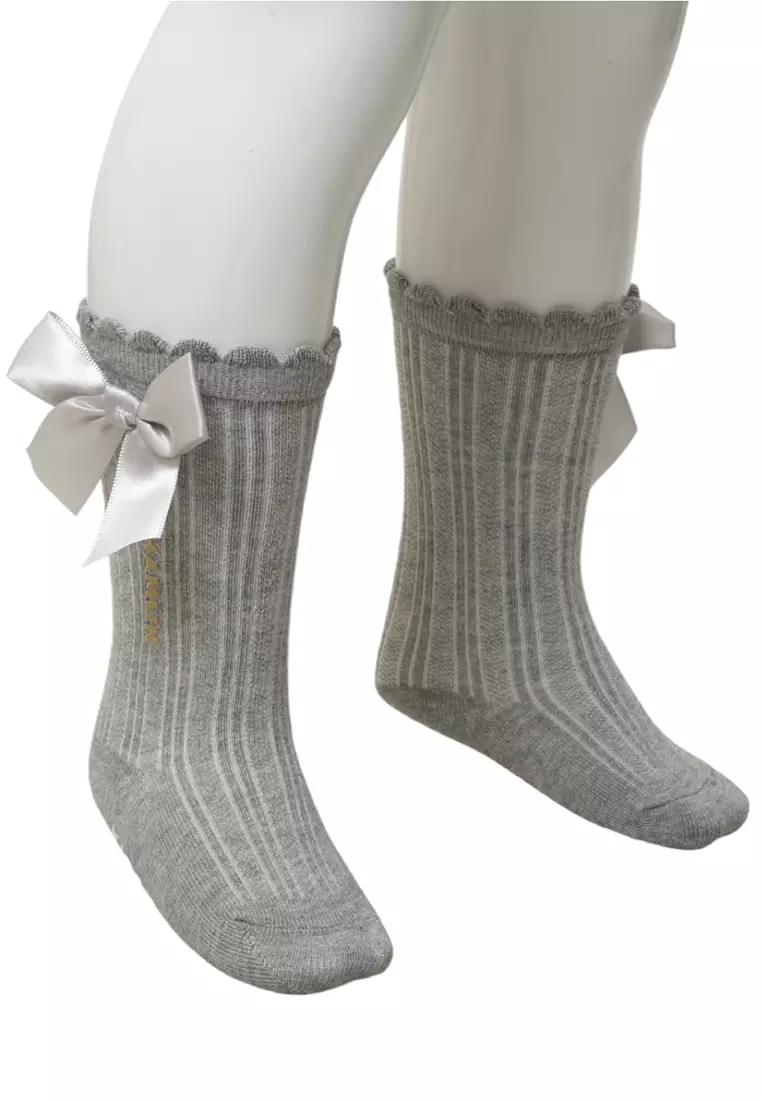 Candie Kaos Kaki Panjang Anak Perempuan Desain Pita Kids Socks Anti Slip Material Cotton ORIGINAL - Gray