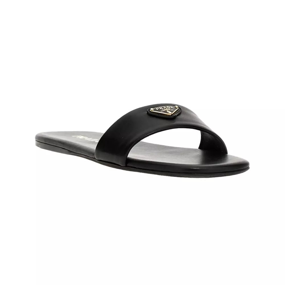 Triangle Enamel Logo Leather Sandals Black