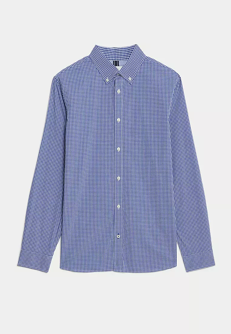 Easy Iron Cotton Stretch Gingham Oxford Shirt