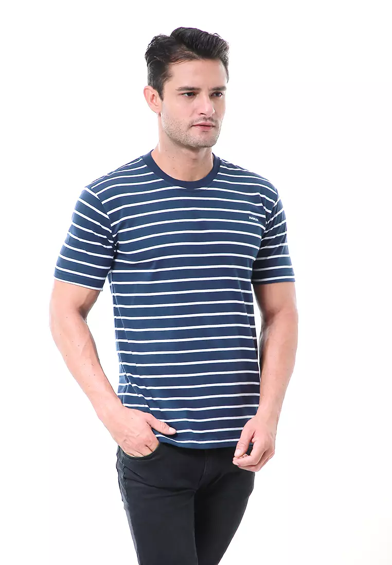 Aisley Kaos Pria Lengan Pendek Sweatshirt Kasual Stripe Motive Material Cotton ORIGINAL - Navy
