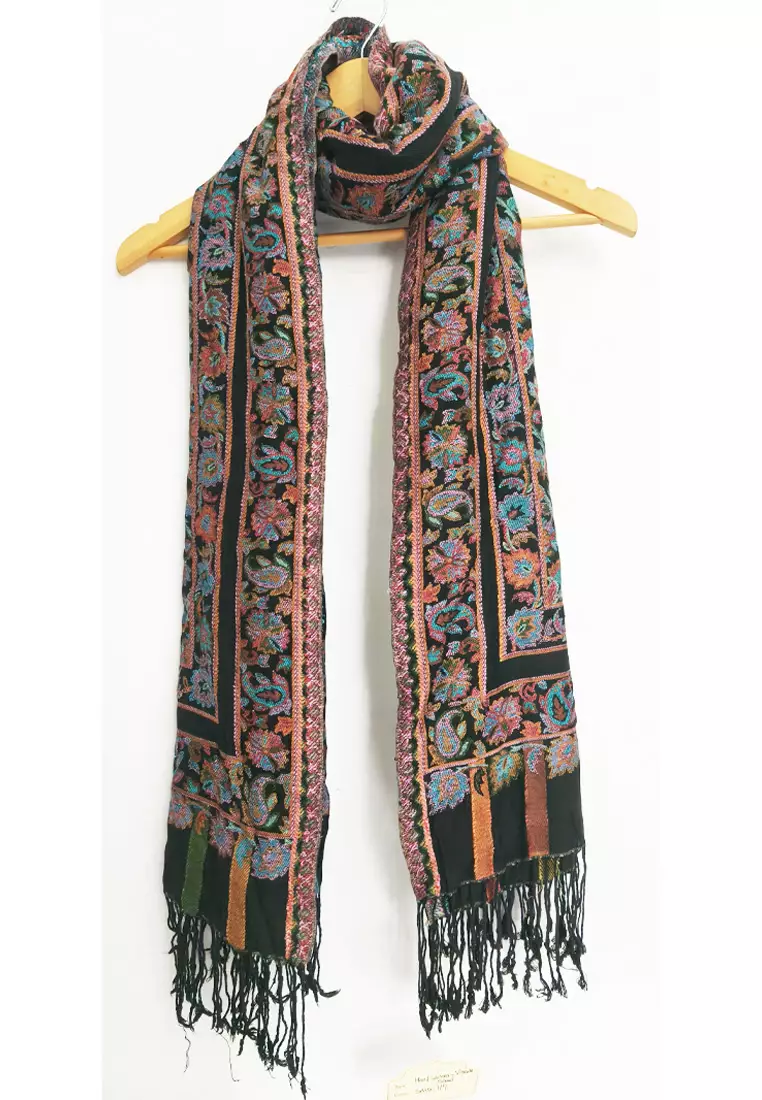Aksesoris Syal Hand Made Embroidered Floral Premium Shawl Viscose Pashmina Syal Wanita Black & Multi