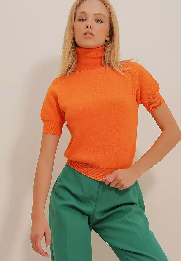 Jual Alacati Women's Orange Turtleneck Short Sleeve Basic Knitwear