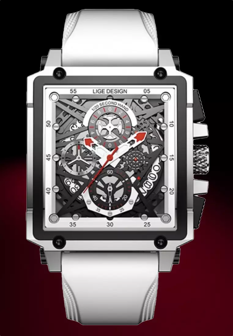 Skeleton Unisex Stainless Steel Chronograph Quartz watch 42mm W x 45mm H on White Rubber Strap