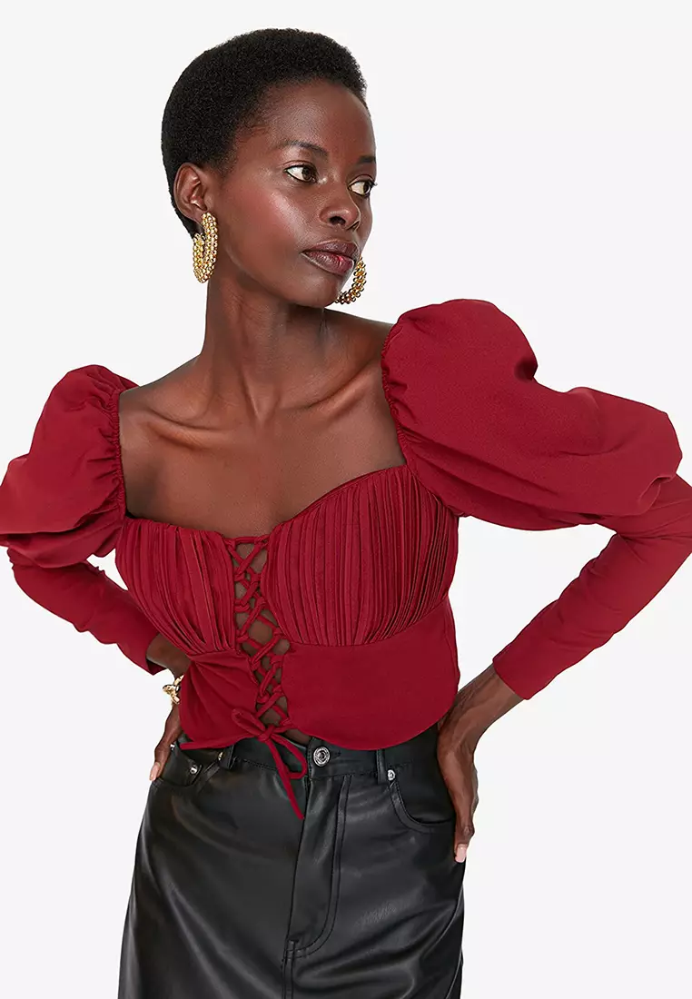 Lace up discount puff sleeve top