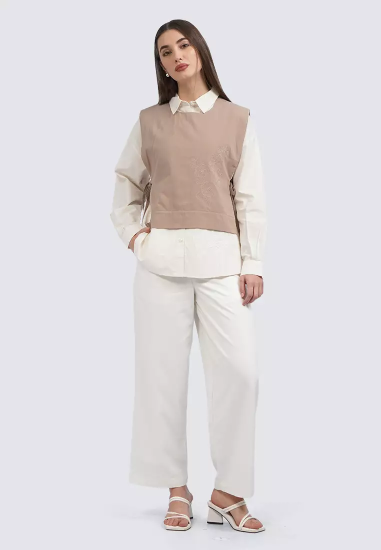 Embroidered Side Tie Vest BROWN