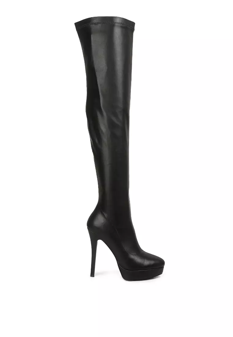 Discount on London Rag  shoes - SKU: Black Stretch Pu High Heeled Long Boots