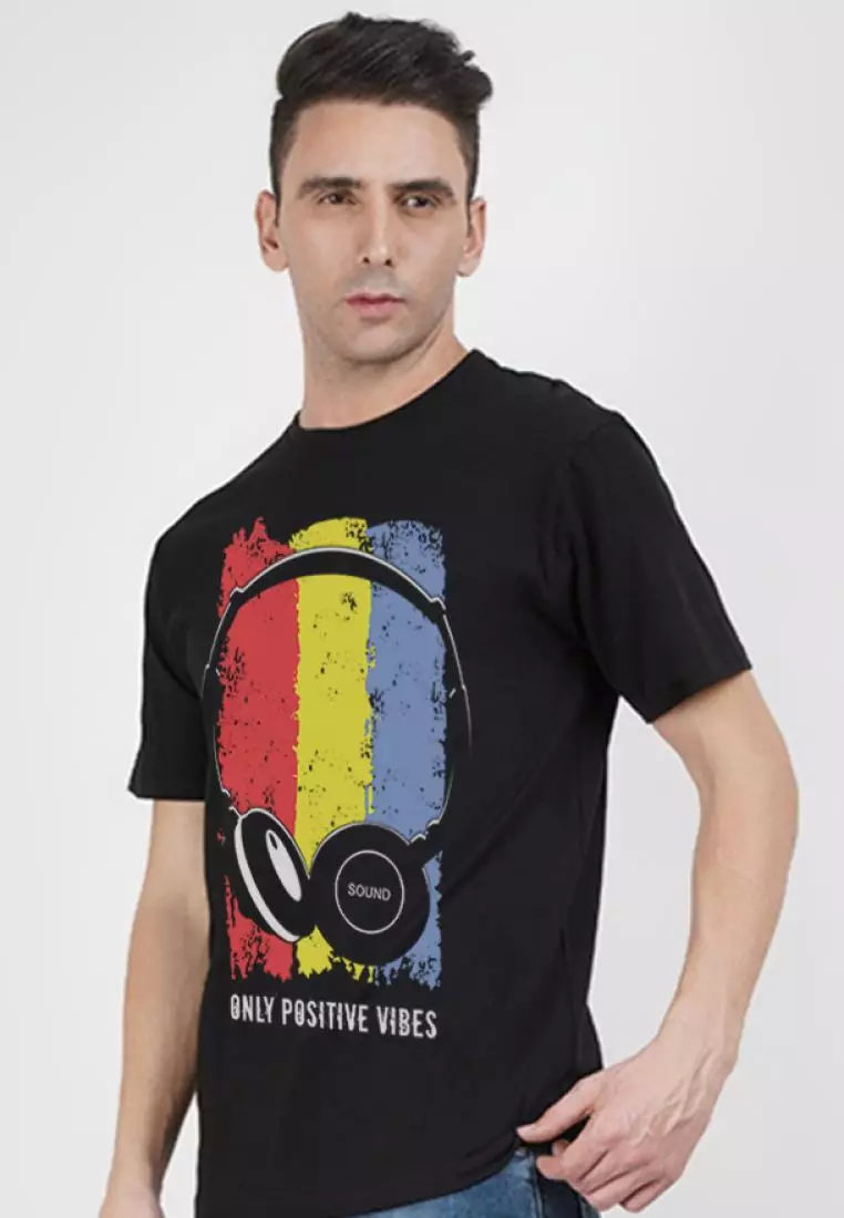 Positive Vibes Black Cotton Short Sleeve Crew Neck Regular Fit T-Shirt