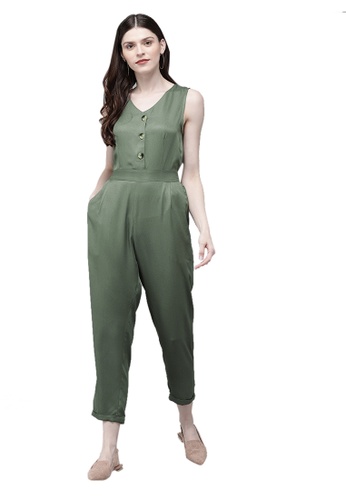 SASSAFRAS green Olive Sleevless Tapered Belted Jumpsuit 226E1AA0013B28GS_1