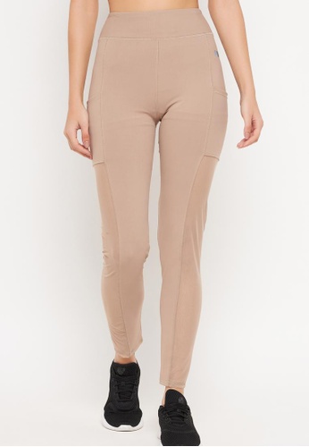 Clovia beige Clovia Snug Fit Ankle-Length High-Rise Active Tights in Nude Colour with Powernet Panels FCCE3AAA248AC8GS_1